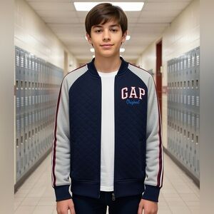 NEW GAP Kids Navy Gray Quilted Jacket with Red Stripes Youth Boys Size 12